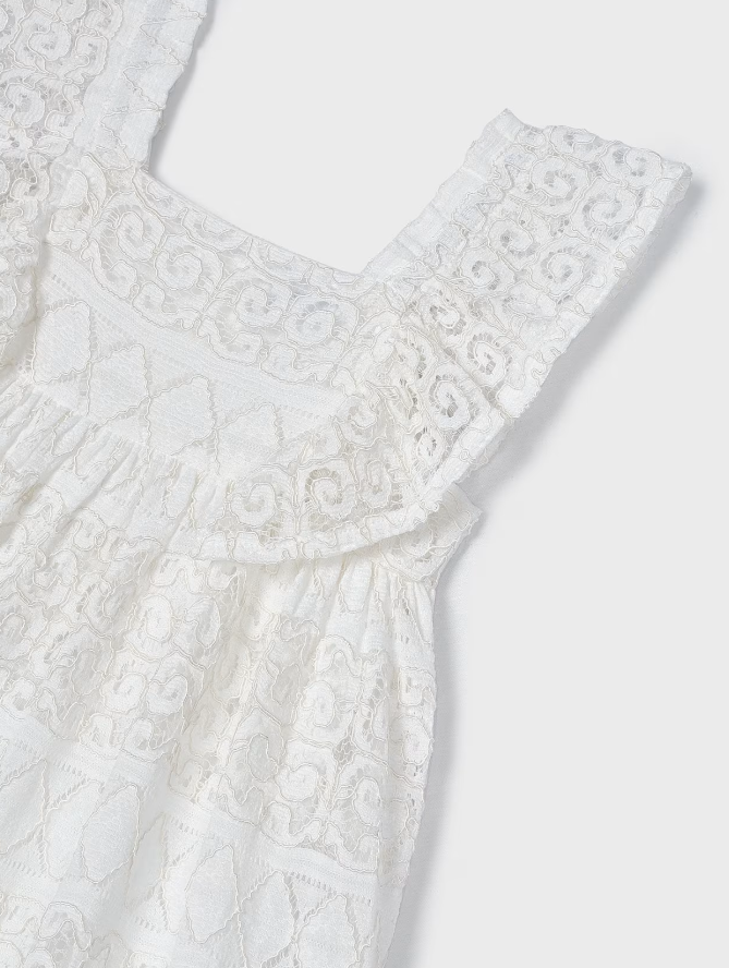Off White Lace Dress w Ruffle Sleeve