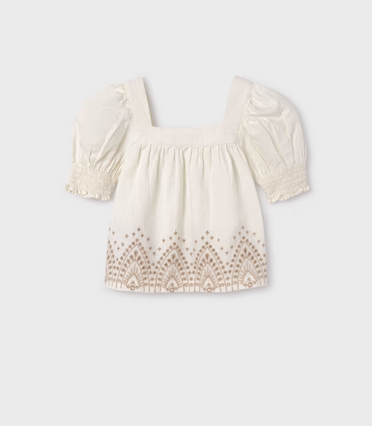 2pc Off White Top & Shorts w Taupe Embroidered on Edge