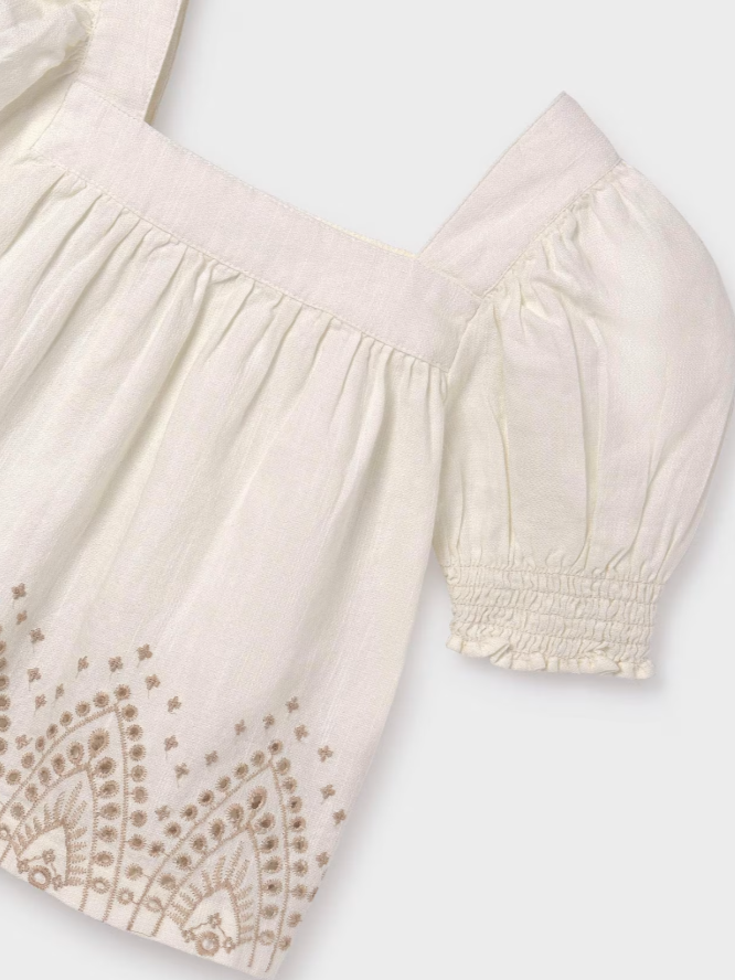 2pc Off White Top & Shorts w Taupe Embroidered on Edge