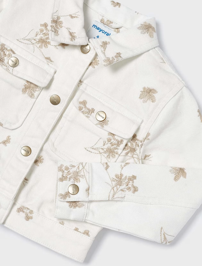 Cream w Taupe Embroidery Denim Jacket