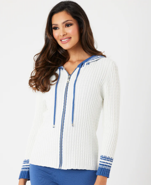 Ivory Denim Braided V Neck Hoodie