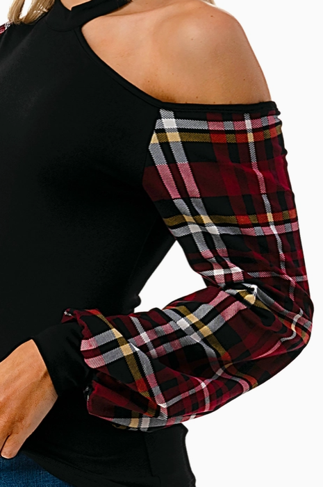 Black One Cold Shoulder w Wine Plaid Sleeve