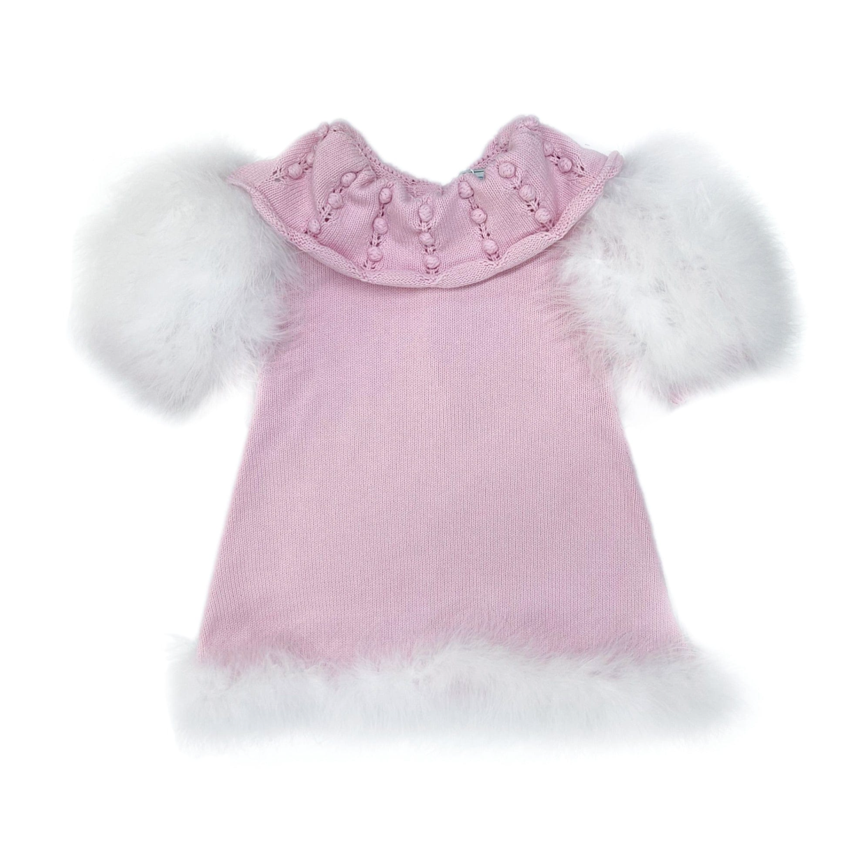 pink feather trim dress girls, boutique holiday dress Expressions Boutique NY, luxury girls knit dress, feather sleeve occasion dress, girls pearl trim pink dress