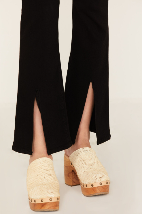 Black High Rise Front Slit Flare Denim Pants