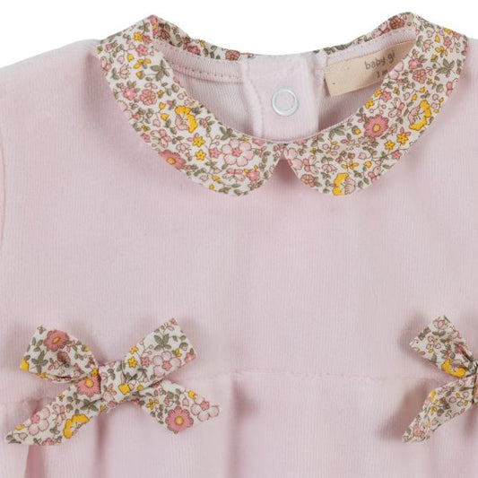 Pink Velour Footie w Floral Detail