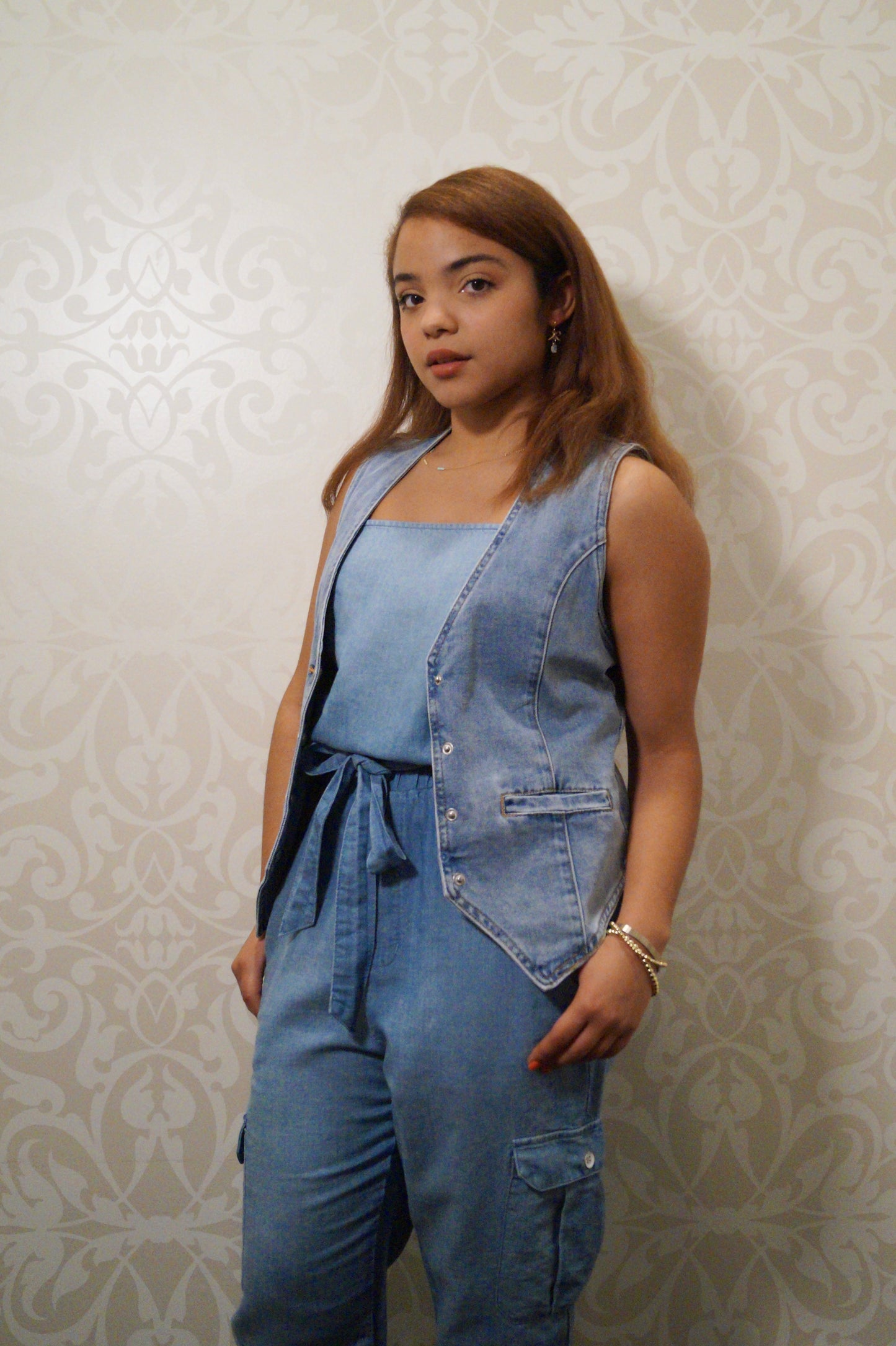 Denim Square Neck Cargo Jumpsuit
