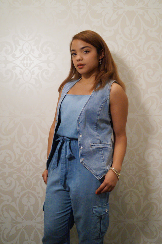 Denim Square Neck Cargo Jumpsuit