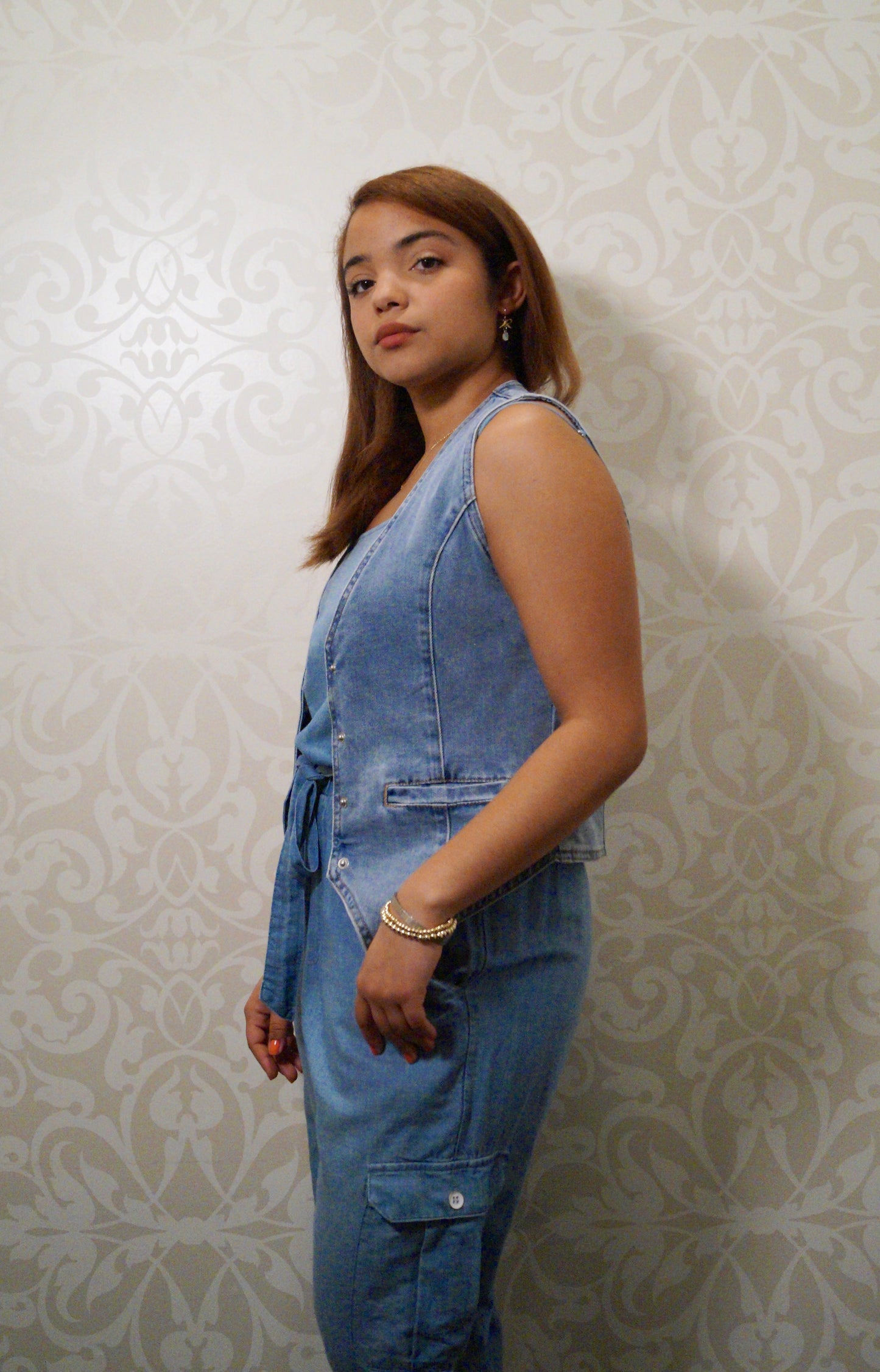Denim Square Neck Cargo Jumpsuit