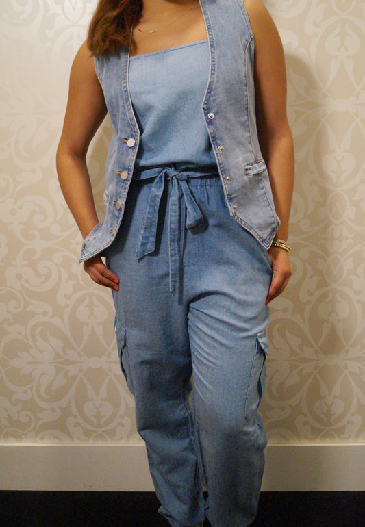 Denim Square Neck Cargo Jumpsuit