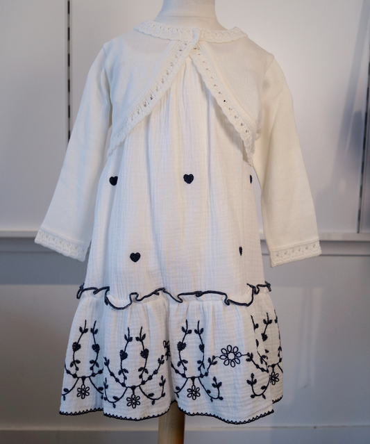 Off White Gauze Dress w Embroidery