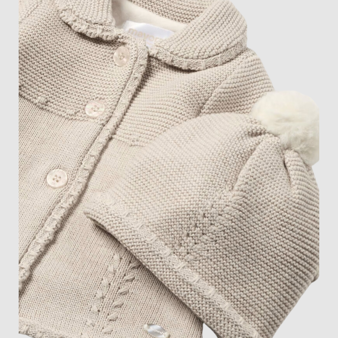 2pc Beige Knit Sweater Coat w Hat
