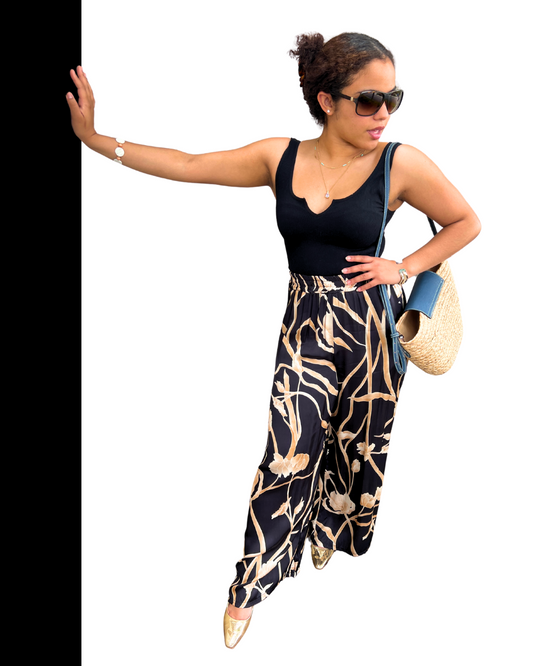 Black Pull on w Gold Allover Floral Print