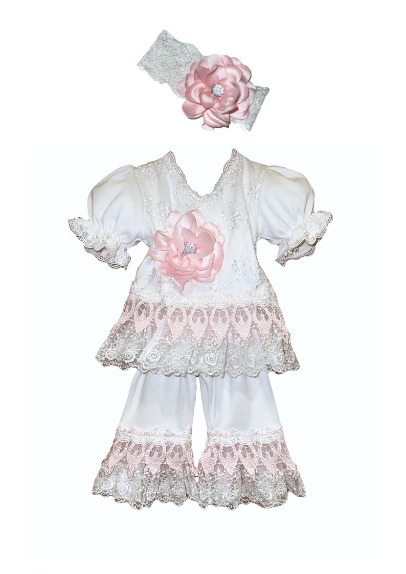 Aria 2pc White Lace w Pink Flower