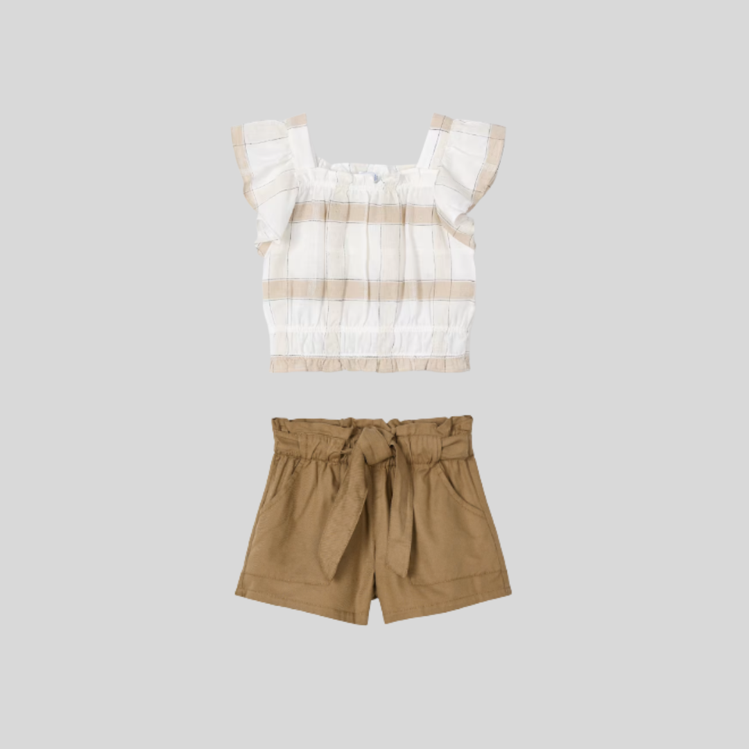 2pc Beige Plaid Top w Camel Shorts *