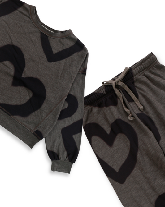 2pc Charcoal w Heart Dolman Top w Pant, Expressions Boutique, Women and childrens boutique, Woodbury, girls matching set, boutique kids loungewear, heart print jogger set, charcoal girls outfit, trendy boutique girls clothing, two piece kids lounge set, casual girls co-ord set, boutique girls jogger set, comfy girls outfit