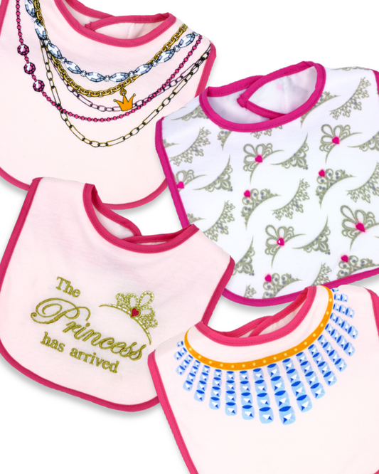 4pc Interlock Princess Bib, Expressions Boutique, Women and childrens boutique, Woodbury, baby girl bib set, princess bibs for girls, boutique baby accessories, baby shower gift girl, embroidered baby bibs, cotton interlock bib set, stylish baby bib pack, infant girl feeding bibs, novelty baby bib set