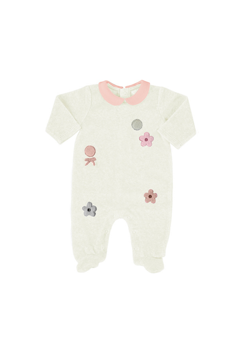 White velour Footie w Pink Collar & Flowers