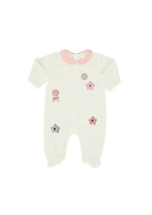 White velour Footie w Pink Collar & Flowers