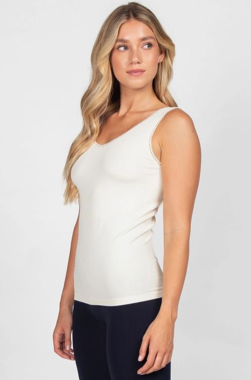 Ribbed Reversible V-Scoop Tank w Lace Trim