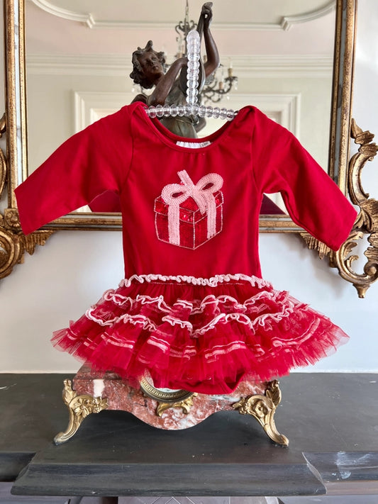 ruby present onesie, red holiday baby outfit, baby girl Christmas dress, festive newborn outfit, sequin applique baby onesie, tutu skirt onesie, boutique holiday baby clothing, Christmas baby shower gift, newborn holiday outfit girl, baby girl red tutu dress, infant Christmas dress outfit, boutique holiday romper