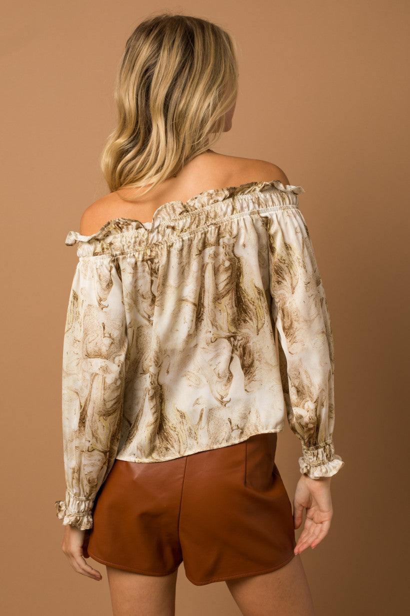 Cream Taupe Marble Print Off Shoulder Top