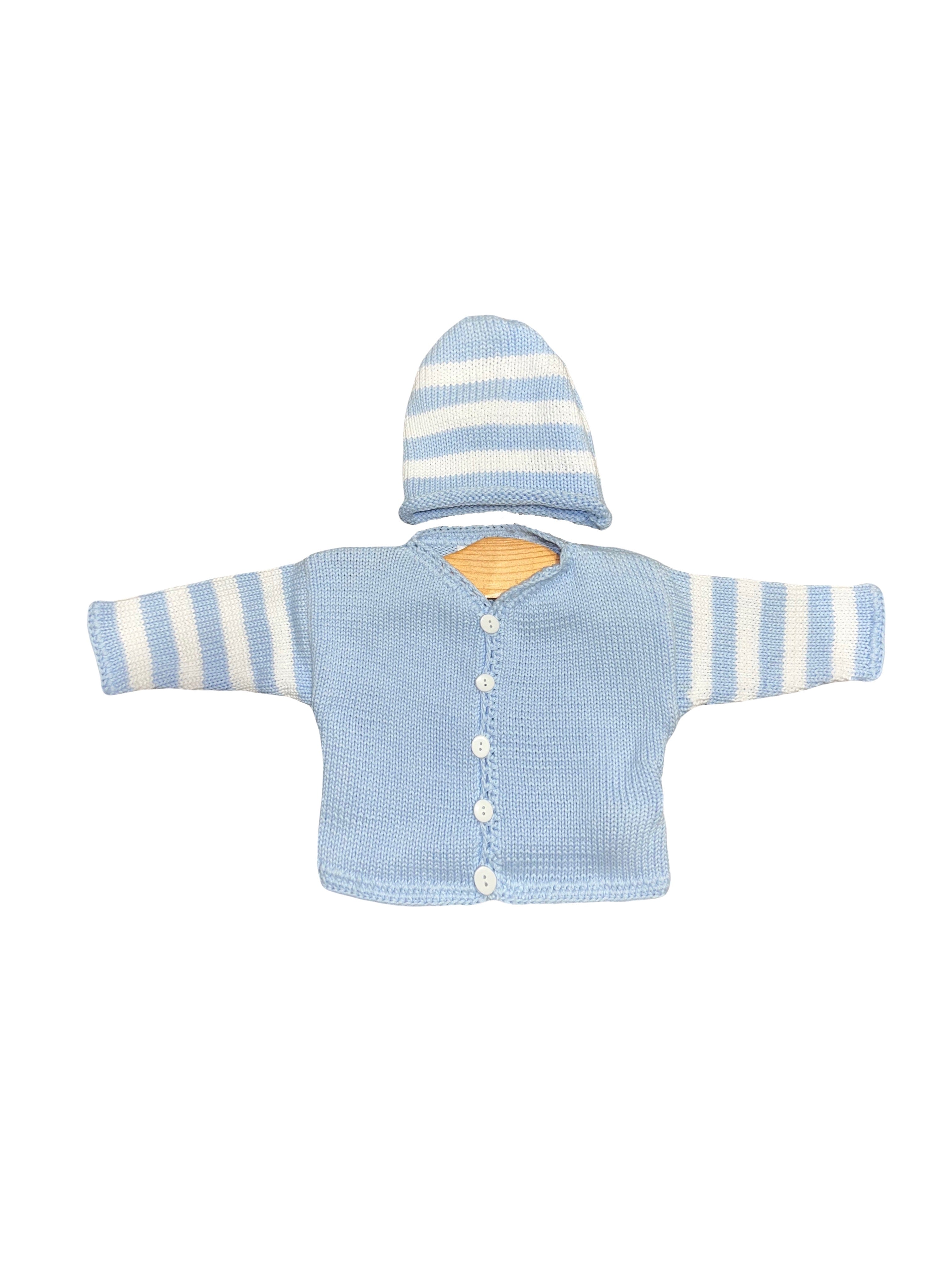 2pc Blue & White Striped Cardigan with Hat