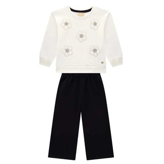 girls floral sweatshirt set, toddler girl black pants outfit, off white sweatshirt embroidered flowers, boutique toddler clothing set, girls wide leg pant set, toddler fall winter outfit girls, children’s boutique casual set, comfy stylish girl outfit, embroidered sweatshirt kids, toddler boutique clothes girls