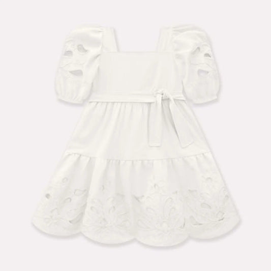 girls embroidered white dress, off-white puff sleeve dress, boutique girls dress, scalloped hem embroidered dress, special occasion dress for girls, white embroidered toddler dress, girls holiday dress boutique, off-white square neck dress, puff sleeve embroidered outfit, boutique flower girl dress