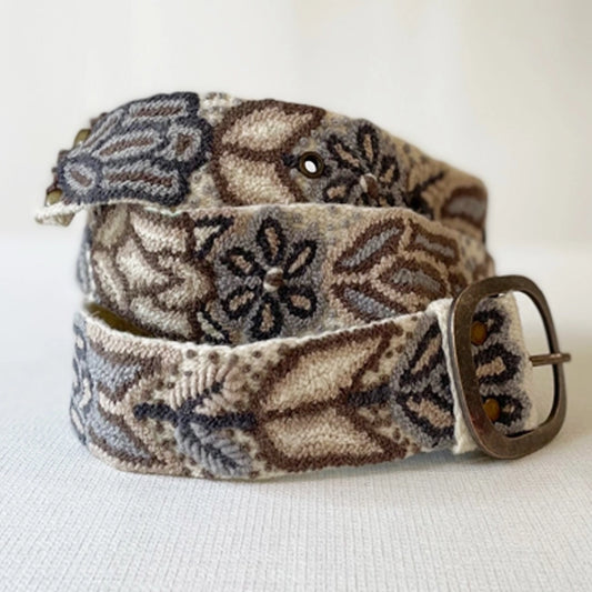 embroidered wool belt, neutral floral belt, boho chic accessories, artisan wool belt, boutique embroidered belt, vintage style belt, handmade embroidered belt, statement waist belt, unique bohemian belt, woven texture belt, boutique women’s accessories, artisan fashion belt