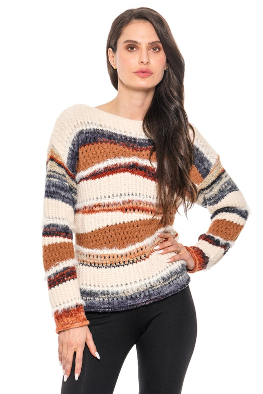 ivory brown knit sweater, striped pullover sweater, boutique fall sweater, cozy striped knit top, women’s boutique sweater, autumn knit pullover, ivory and brown sweater, boutique fall fashion, chic casual knit sweater, boutique winter layering top, Expressions Boutique NY, Woodbury women’s boutique