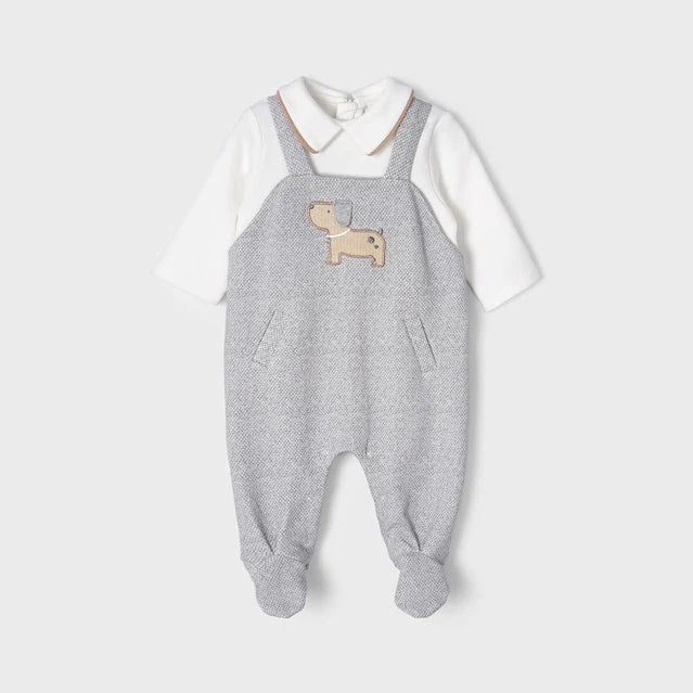 baby boy romper, footed romper for baby, grey baby outfit, dog appliqué baby clothing, newborn boutique clothes, cozy baby jumpsuit, baby shower gift outfit, Expressions Boutique NY