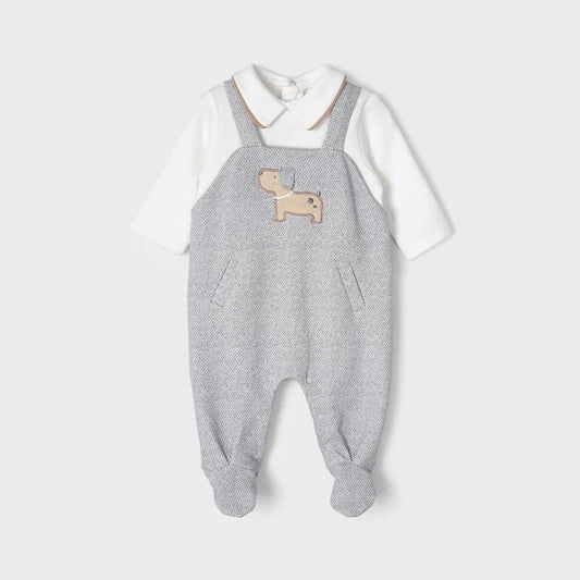baby boy romper, footed romper for baby, grey baby outfit, dog appliqué baby clothing, newborn boutique clothes, cozy baby jumpsuit, baby shower gift outfit, Expressions Boutique NY
