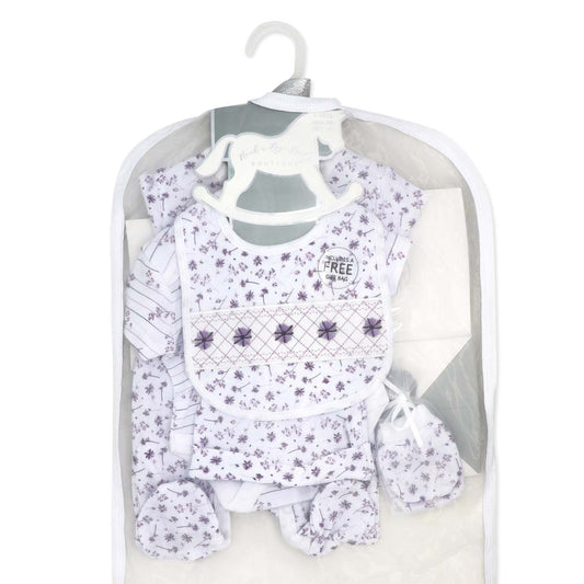 purple floral baby gift set, 5 piece newborn essentials set, boutique baby shower gift girl, floral print baby clothing set, unisex floral baby bundle, infant layette gift set boutique, cotton floral newborn set, purple baby outfit bundle, baby girl floral take home outfit, boutique floral gift pack
