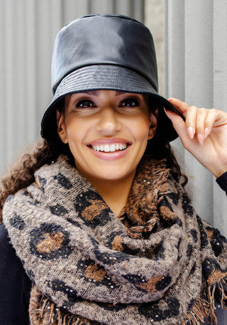 Black Faux Leather Bucket Hat