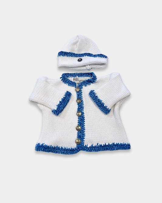 baby cotton sweater set, boutique baby knitwear, baby shower gift outfit, baby boy sweater and hat set, newborn cotton sweater outfit, boutique baby clothing Expressions Boutique NY, infant knit cardigan set, baby cotton knit with chenille trim, newborn coming home outfit boys, soft breathable baby sweater set