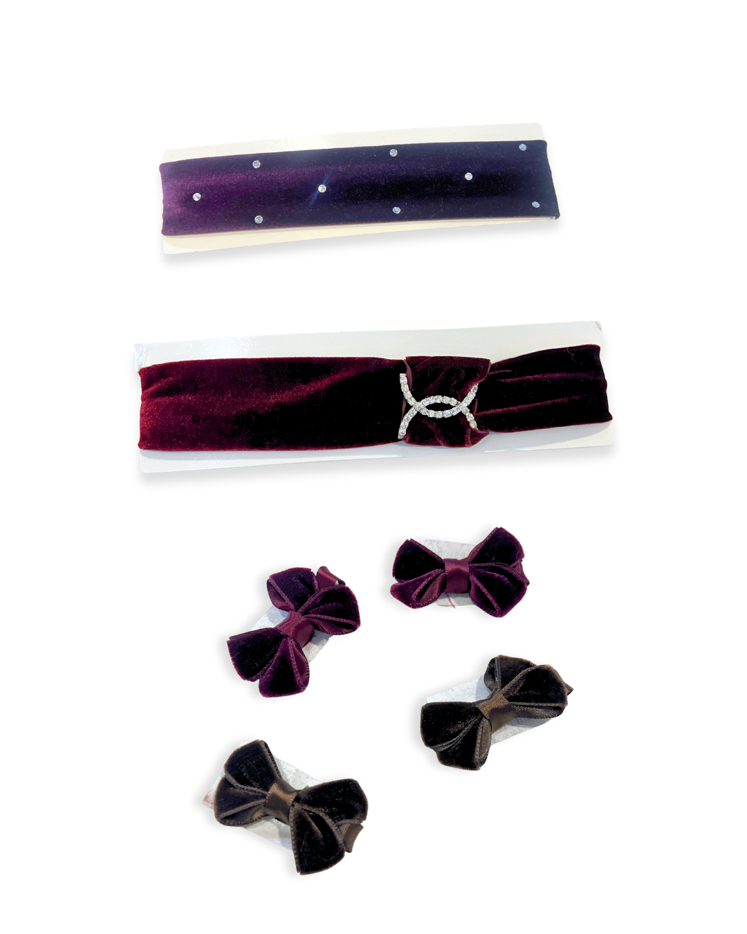 velvet bow accessories Expressions Boutique NY, girls velvet headbands and clips, boutique hair bows plum burgundy black, holiday hair accessories for girls, elegant velvet headband set