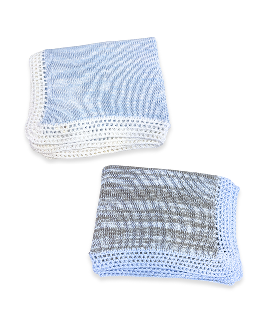 boutique cotton baby blankets Expressions Boutique NY, striped white cotton stroller blanket, navy grey light blue baby blanket with hat, neutral baby shower gift boy girl, heirloom cotton knit blanket breathable soft