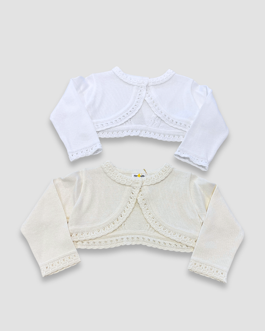 girls knit bolero sweater Expressions Boutique NY, ivory communion cardigan, white crochet trim shrug, elegant baby bolero sweater, boutique special occasion cover-up