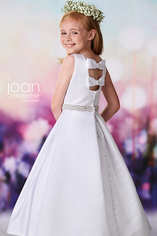 white satin communion dress Expressions Boutique NY, beaded waistband communion gown, bow back white communion dress, classic satin first communion dress Woodbury NY, elegant girls formal dress Long Island