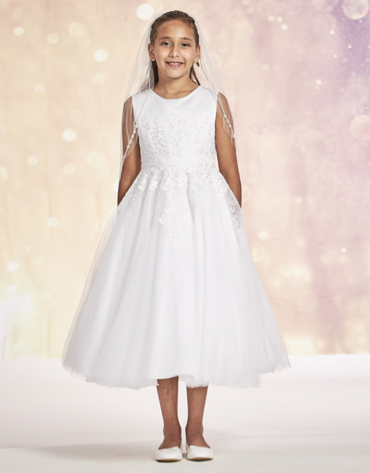 white beaded lace bodice communion dress Expressions Boutique NY, satin and tulle first communion gown, girls beaded white communion dress, elegant lace communion wear Long Island, boutique communion dresses Woodbury NY
