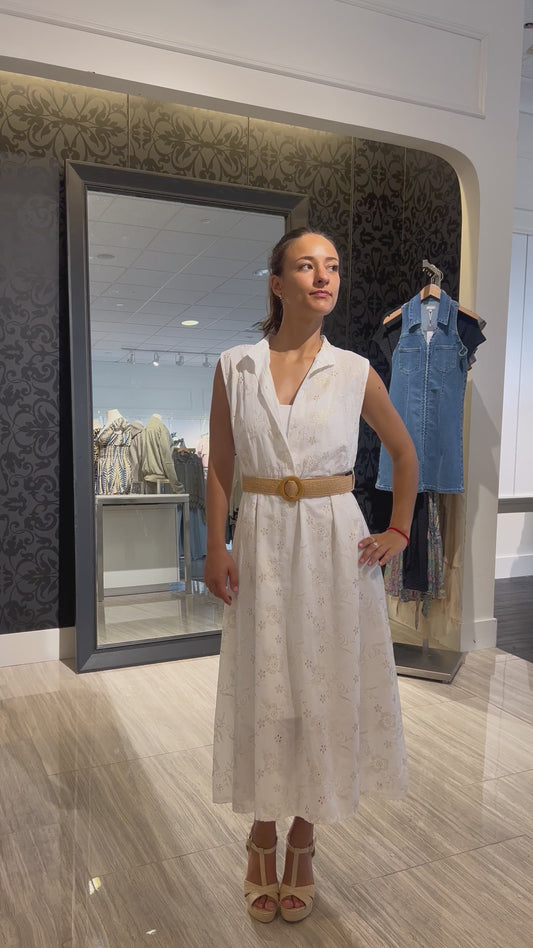 White w Gold Accented Embroidered Dress