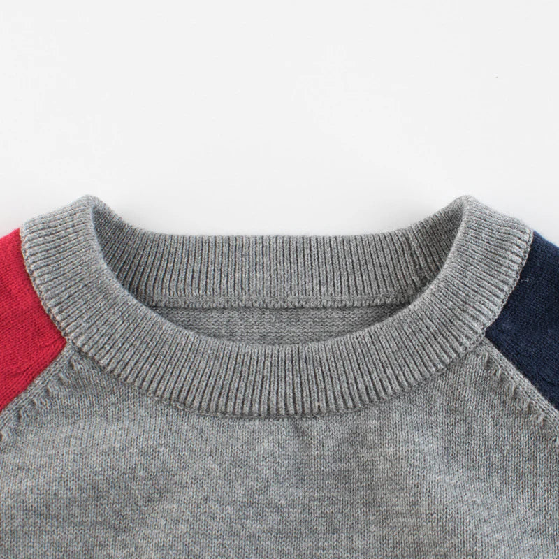 grey kids pullover top, colorblock toddler sweater, red blue sleeve sweatshirt, sporty kids long sleeve shirt, boutique toddler boys top, unisex kids pullover, casual toddler fall top, striped sleeve kids shirt, trendy colorblock sweater for children, everyday toddler wear