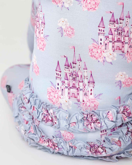 boutique baby bamboo footie Expressions Boutique NY, castle print ruffled zip baby sleeper, lavender floral baby onesie, soft bamboo footed pajamas, baby girl zippered sleeper breathable fabric