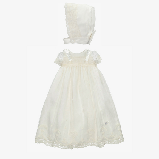 christening gown and bonnet set Expressions Boutique NY, ivory lace baptism dress, baby girl heirloom christening outfit, satin ribbon lace gown for baptism, boutique christening apparel girls