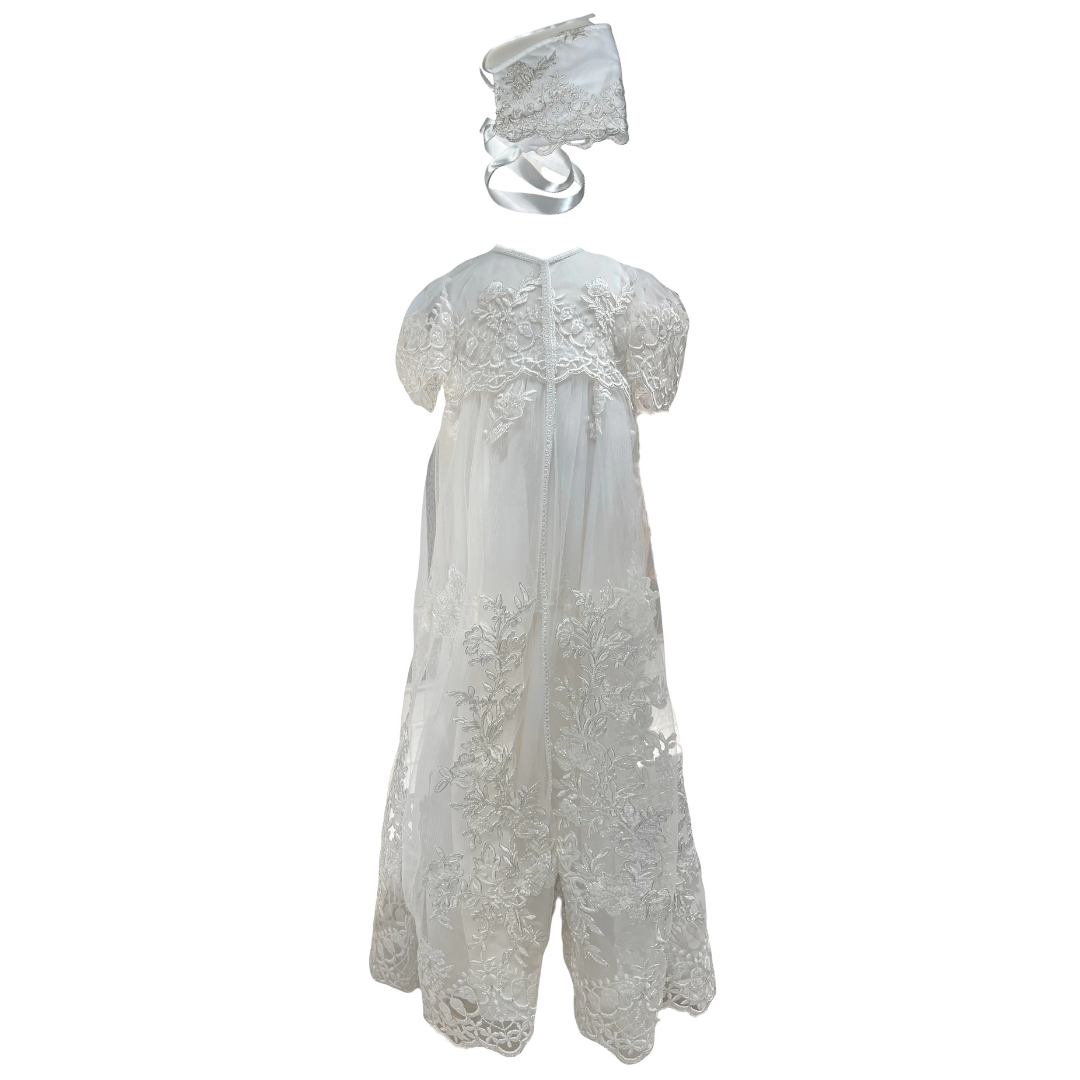 lace christening gown Expressions Boutique NY, silver thread baptism dress, embroidered ivory baptism gown, lace bonnet christening outfit, baby girl baptism gown traditional, boutique christening wear heirloom gown
