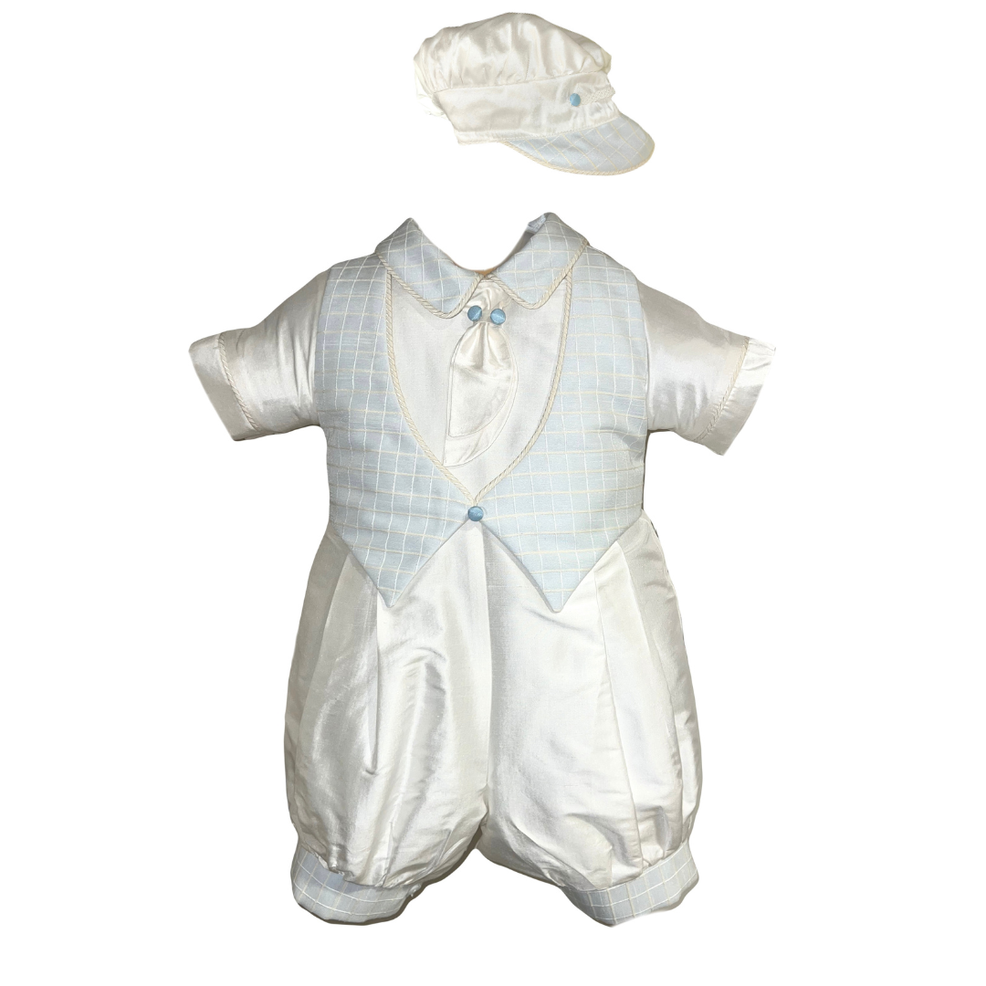 2pc White Silk Checkered Fabric w Light Blue-Knickers w Cabby Hat