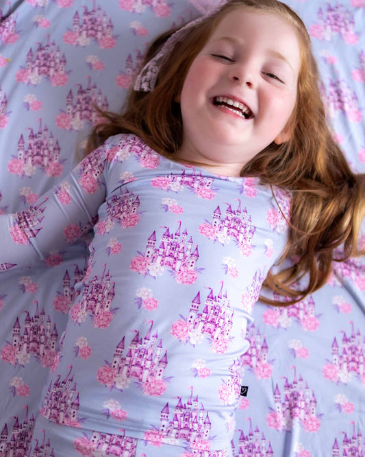 girls lounge set, castle pajamas, princess pajamas, fairytale toddler outfit, girls matching PJ set, boutique girls sleepwear, comfy girl loungewear, lavender castle print