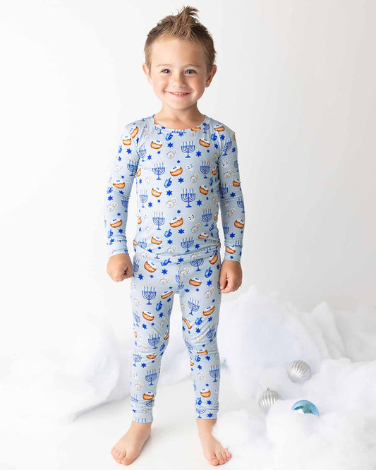 kids Hanukkah pajamas, toddler Hanukkah lounge set, boutique holiday pjs, blue menorah pajama set, boys Hanukkah sleepwear, girls Hanukkah loungewear, children’s festival pajamas, Zohar Hanukkah kids set, holiday toddler 2pc pajamas, Expressions Boutique NY, Woodbury kids boutique