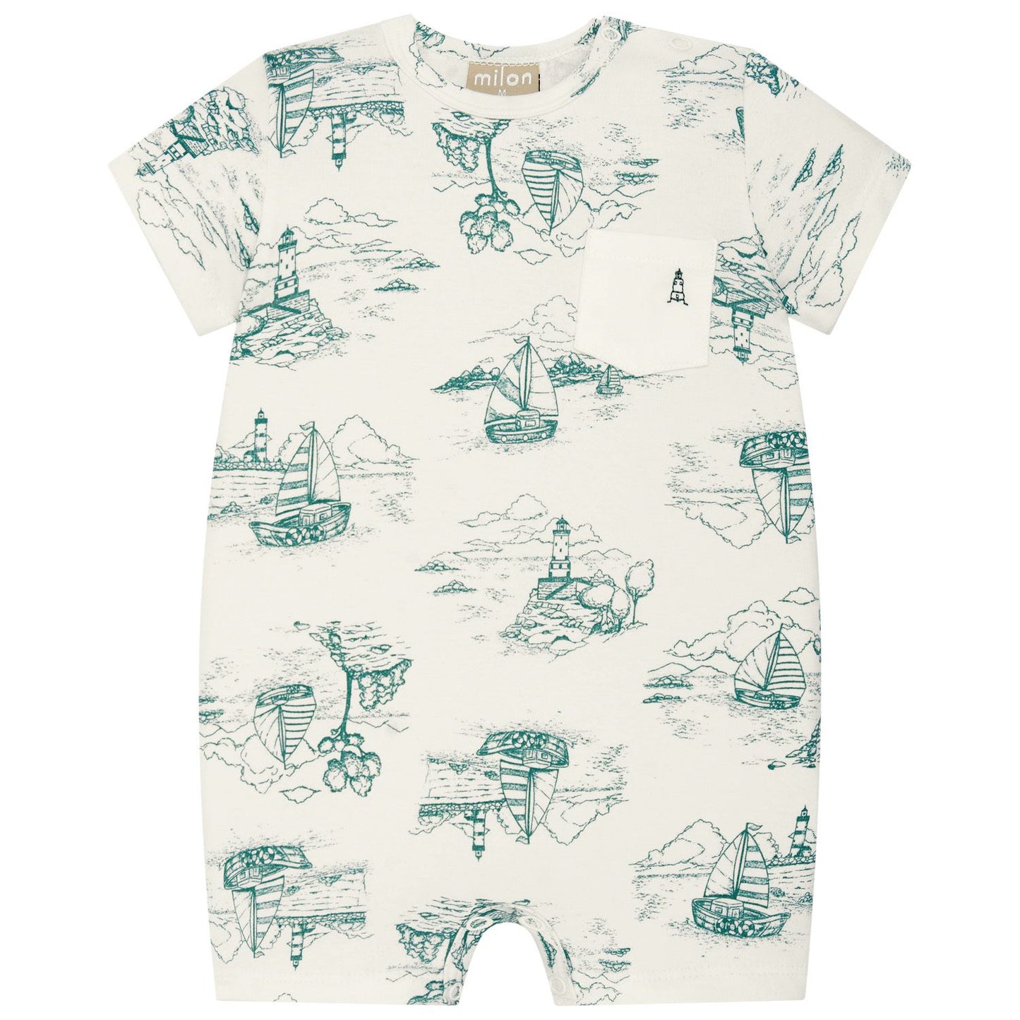 Off White Short Romper w Green Sailboat & Lighthouse design