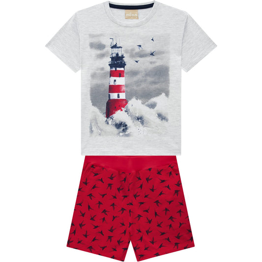 2pc Light Gray Lighthouse Tee with Red Shorts